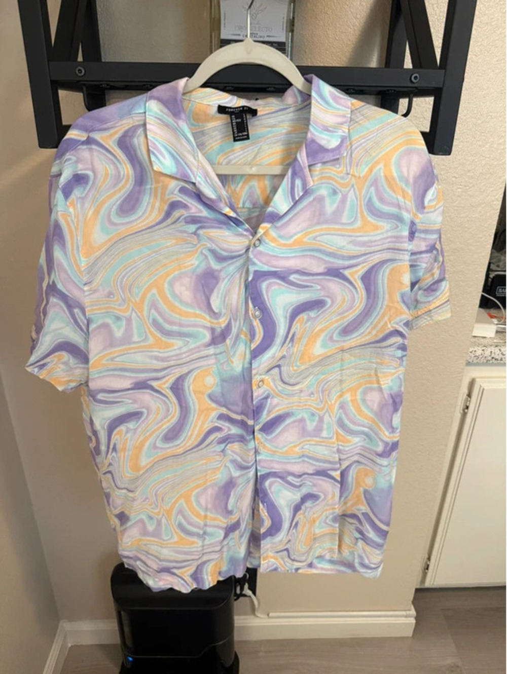Forever 21 Men Pastel Marble Swirl Camp Collar Shirt - Size L
